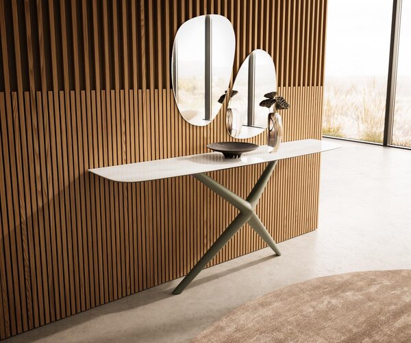 DELIFE Konzolový stolík Edge zaoblený tvar 180×40 cm keramika onyx šampanské Estelo kov titánová farba