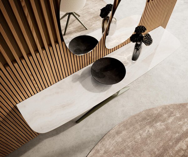DELIFE Konzolový stolík Edge zaoblený tvar 180×40 cm keramika onyx šampanské Estelo kov titánová farba