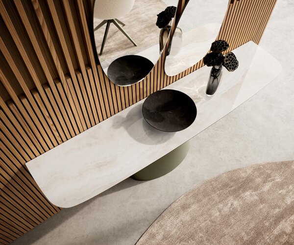 DELIFE Konzolový stolík Edge zaoblený tvar 180×40 cm keramika onyx šampanské Conos kov titánová farba
