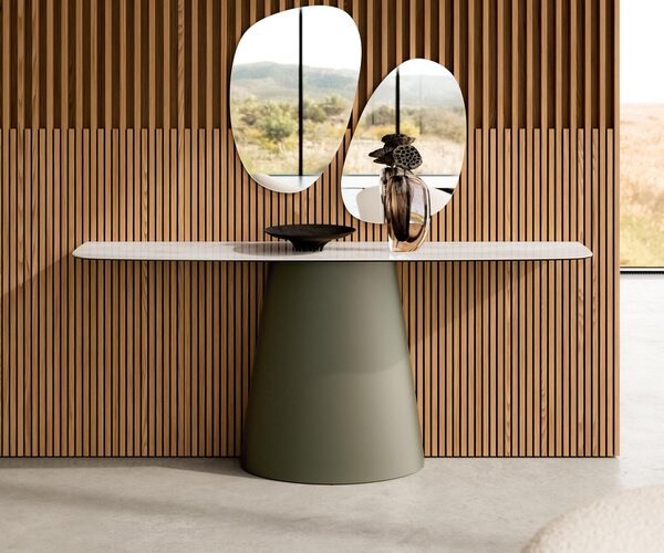 DELIFE Konzolový stolík Edge zaoblený tvar 180×40 cm keramika onyx šampanské Conos kov titánová farba