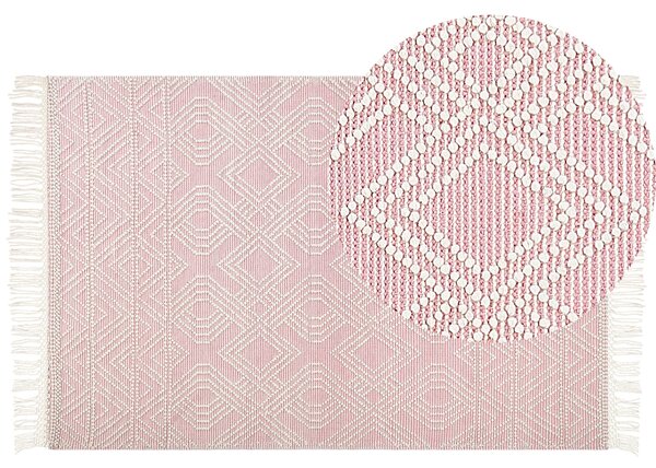 Koberec ružový vlna polyester 200 x 300 cm geometrický vzor strapce boho moderný štýl