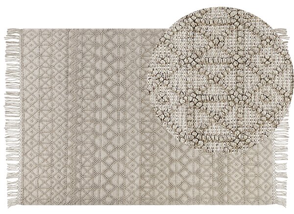 Koberec béžový vlna a polyester 160 x 230 cm geometrický vzor strapce boho moderný