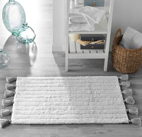 Elegantný jemný koberec v bielej farbe so šedými strapcami 50x80cm Biela