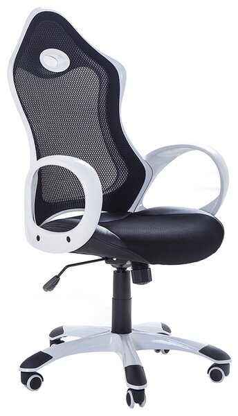 Otočná kancelárska stolička čierna a biela naklápacie operadlo zo sieťoviny nastaviteľná výška sedadla ergonomické kreslo