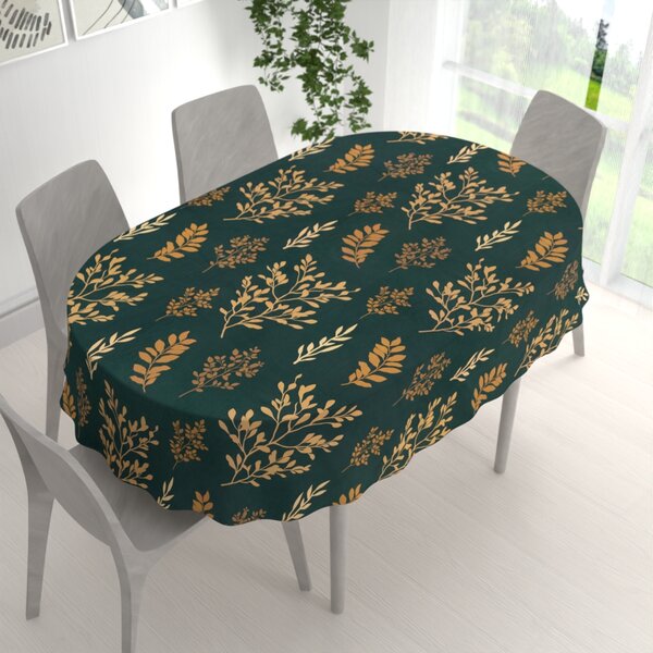 Biante Bavlnený oválny obrus Sandra SA-742 Zlaté vetvičky s lístkami na tmavo zelenom 50x100 cm