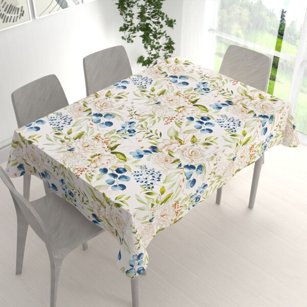 Biante Bavlnený obdĺžnikový obrus Sandra SA-668 Kvety a modro-zelené listy na bielom 50x100 cm