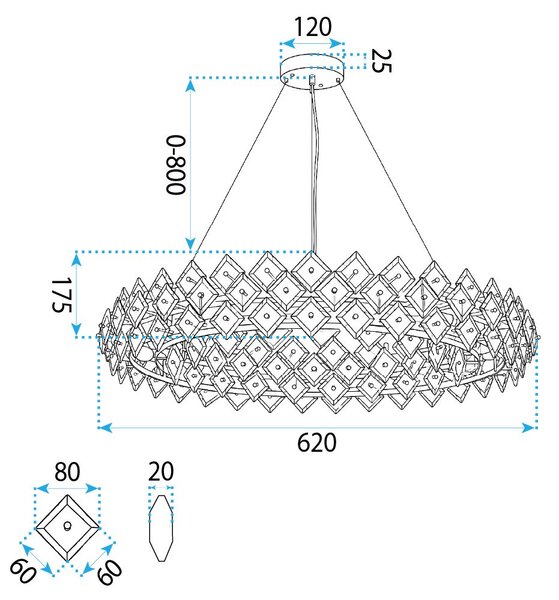 Toolight Rea, Krištáľová závesná lampa SWE094-CP 60cm Gold, OSW-30218