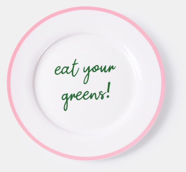 Sinsay - Keramický tanier s nápisom "eat your greens!" a ružovým okrajom - pastelová ružová