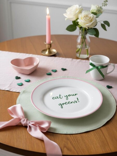 Sinsay - Keramický tanier s nápisom "eat your greens!" a ružovým okrajom - pastelová ružová