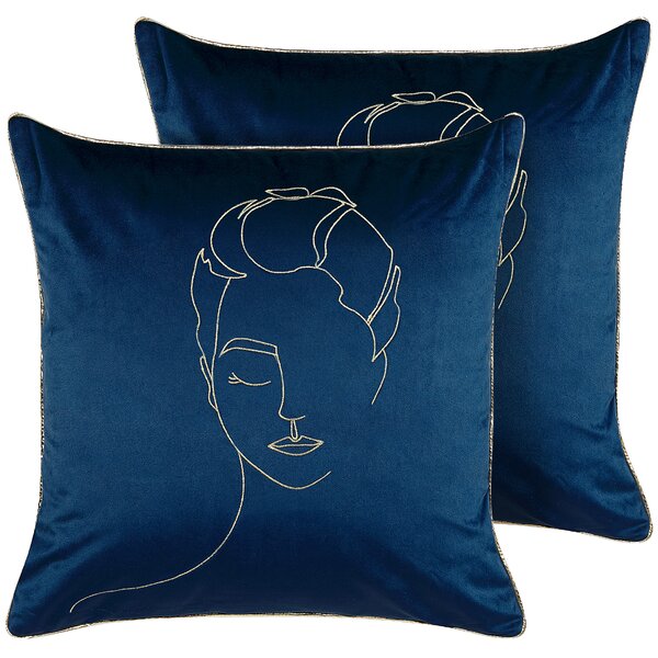Sada 2 dekoratívnych vankúšov modrá 45 x 45 cm zlatý vyšívaný vzor motív tváre glamour elegantné bytové doplnky