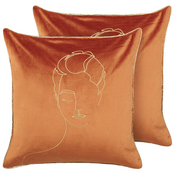 Sada 2 dekoratívnych vankúšov oranžová 45 x 45 cm zlatý vyšívaný vzor motív tváre glamour elegantné bytové doplnky