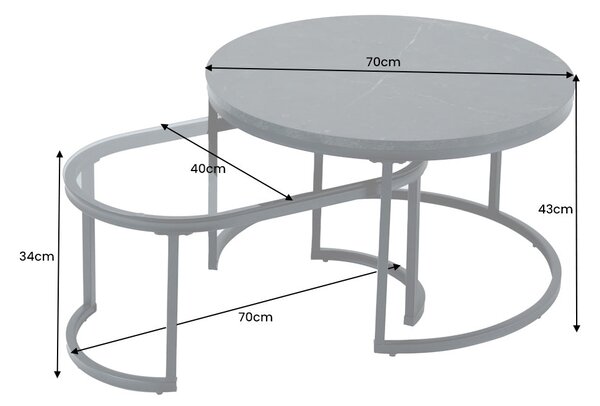 Konferenčný stolík ELEGANCE 70 cm sada 2 mramorový vzhľad a dymové sklo čierne