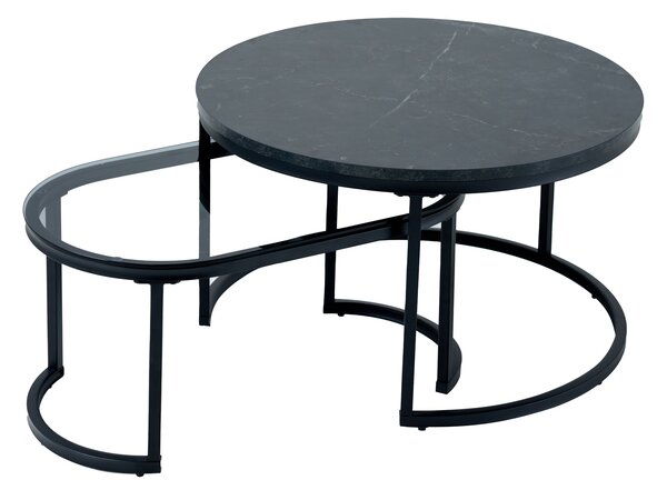 Konferenčný stolík ELEGANCE 70 cm sada 2 mramorový vzhľad a dymové sklo čierne