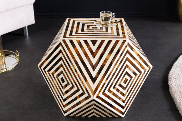Bočný stolík BONE INLAY 40 cm z byvolích kostí bielohnedý v zebrovom vzhľade