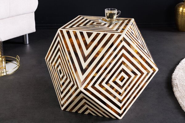 Bočný stolík BONE INLAY 40 cm z byvolích kostí bielohnedý v zebrovom vzhľade