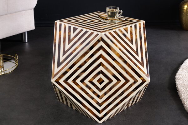 Bočný stolík BONE INLAY 40 cm z byvolích kostí bielohnedý v zebrovom vzhľade