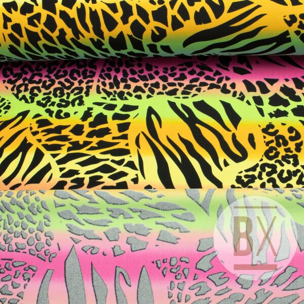 Metráž Plavkovina vzorovaná - Rainbow animal print