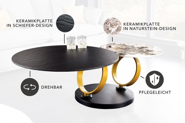 Konferenčný stolík DANCING RINGS 80-134 cm otočný keramický čierny a vzhľad prírodného kameňa