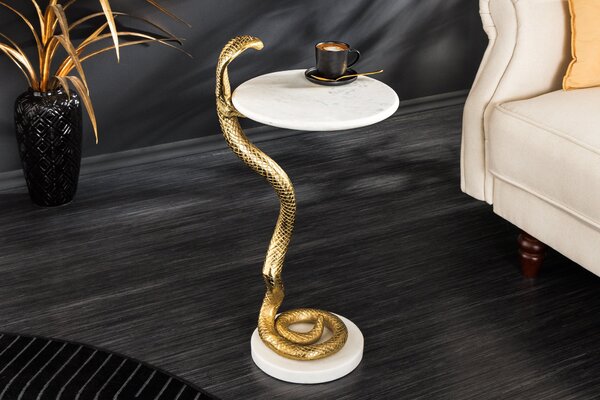 Bočný Stolík WILDLIFE COBRA 60cm Zlatý Biely Mramor