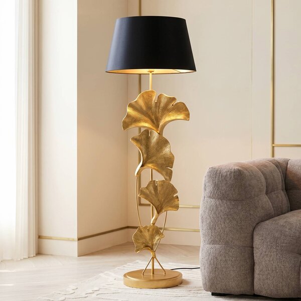 KARE Stojacia lampa Kare Ginkgo, zlatá, ľan, výška 129 cm, E27, Mosadz / zlato, Obývacia izba / jedáleň, Textil / látka / hodváb, Moderný, Stojaca lampa