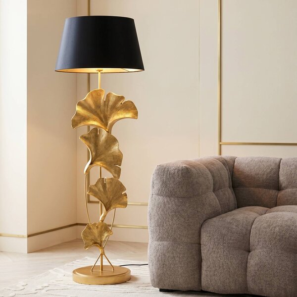 KARE Stojacia lampa Kare Ginkgo, zlatá, ľan, výška 129 cm, E27, Mosadz / zlato, Obývacia izba / jedáleň, Textil / látka / hodváb, Moderný, Stojaca lampa