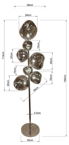KARE Stojacia lampa Kare Burbuja. strieborná, sklo, 168 cm, 7-pl., Hliník / sivá / zinok, Obývacia izba / jedáleň, Sklo, Moderný