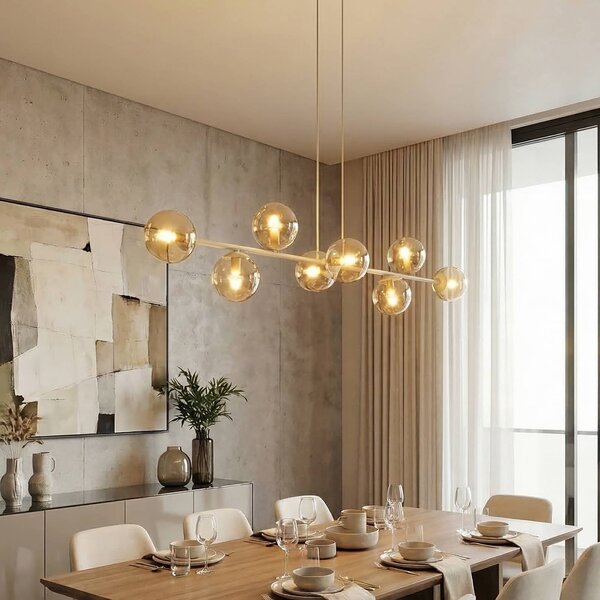 EMIBIG LIGHTING Závesné svietidlo Rossi, béžové, dĺžka 130 cm, 8-pl., sklo/kov, Krémová / jantárovo žltá, Obývacia izba / jedáleň, Sklo, Moderný, Závesné svietidlo