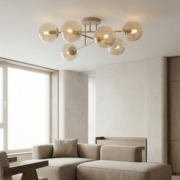 EMIBIG LIGHTING Stropné svietidlo ROMA, béžové, Ø 75 cm, 6-pl., sklo/kov, E14, Krémová / jantárovo žltá, Obývacia izba / jedáleň, Sklo, Moderný, Stropné svetlo