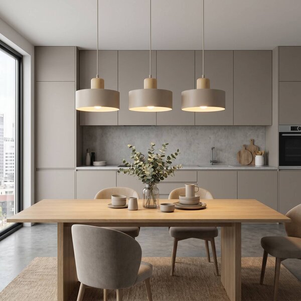 EMIBIG LIGHTING Závesné svietidlo Torin, béžové, dĺžka 80 cm, 3-pl., kov/drevo, Krémová / jantárovo žltá, Obývacia izba / jedáleň, kov, Škandinávsky, Závesné svietidlo