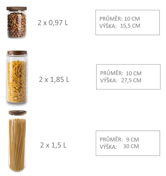 Orion Sada 6ks sklenených dóz s agátovým vekom, BOROSIL 0,97 / 1,5 / 1,85 L
