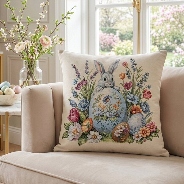 VEĽKONOČNÁ GOBELÍNOVÁ DEKORAČNÁ OBLIEČKA NA VANKÚŠ BUNNY 45X45 CM VZOROVANÁ