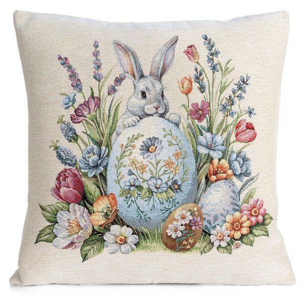 VEĽKONOČNÁ GOBELÍNOVÁ DEKORAČNÁ OBLIEČKA NA VANKÚŠ BUNNY 45X45 CM VZOROVANÁ