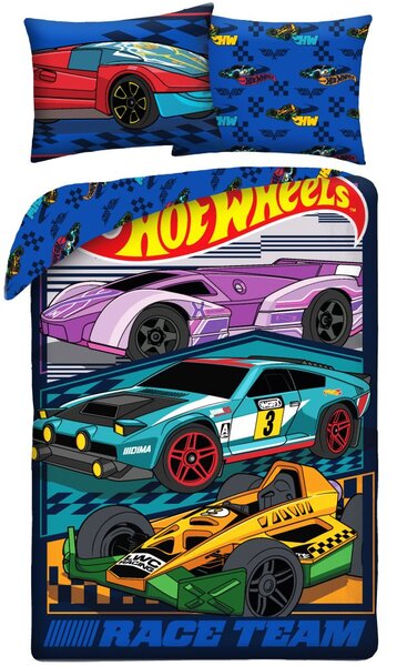Obojstranné posteľné obliečky z mikrovlákna Hot Wheels – motív Race Team - 70x90 cm + 140x200 cm