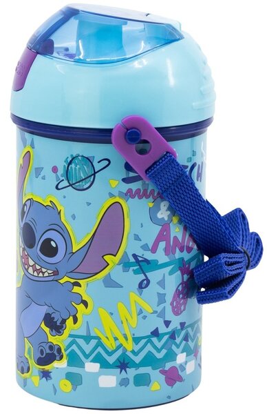 Plastová fľaša na pitie so slamkou a viečkom Stitch & Angel - 450 ml