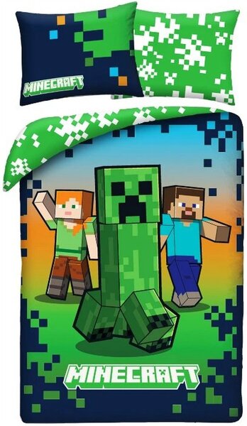 Obojstranné posteľné obliečky z mikrovlákna Minecraft - motív Steve, Alex & Creeper - 70x90 cm + 140x200 cm