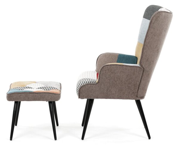 Relaxačné kreslo ušiak s taburetom ROYAL II — kov, látka, patchwork