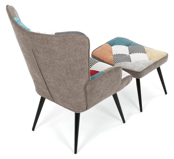 Relaxačné kreslo ušiak s taburetom ROYAL II — kov, látka, patchwork