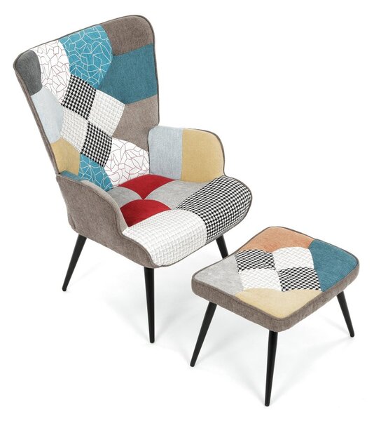 Relaxačné kreslo ušiak s taburetom ROYAL II — kov, látka, patchwork