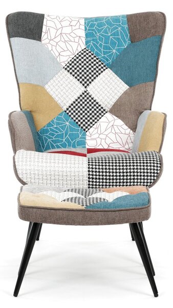Relaxačné kreslo ušiak s taburetom ROYAL II — kov, látka, patchwork