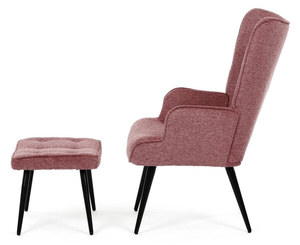 Relaxačné kreslo ušiak s taburetom ROYAL II — kov, látka, ružová