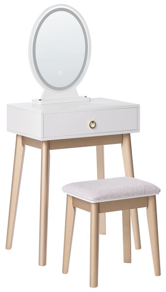 Toaletný stolík biela a zlatá MDF 1 zásuvka LED zrkadlo stolička nábytok do obývačky glamour dizajn