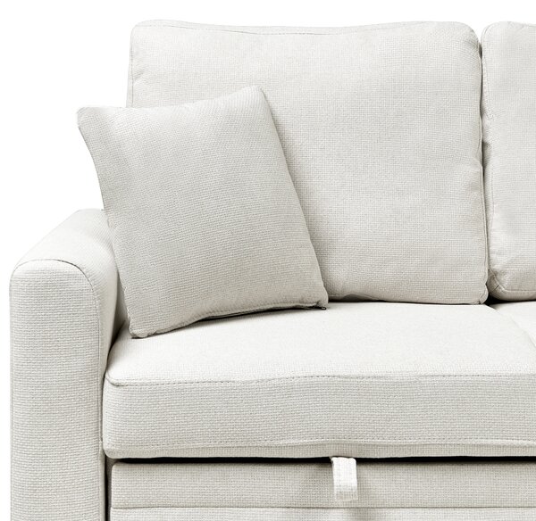 Rohová rozkladacia pohovka svetlobéžová látkové čalúnenie polyester umelý ľan s úložným priestorom ľavostranná s vankúšmi moderný štýl