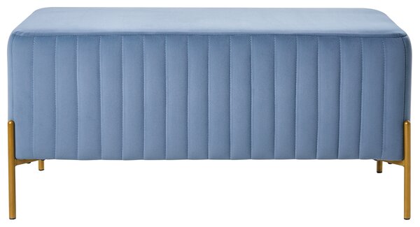 Lavička modrá zamatové čalúnenie zlaté kovové nohy 91 x 47 cm obdĺžnikový taburet glamour obývacia izba
