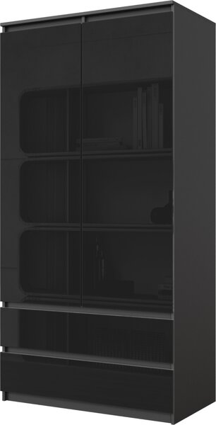 Šatníková skriňa JOELLE 90 cm antracit / čierny lesk, otočné dvere, 2 dvere, 2 zásuvky, tyč na oblečenie, 3 priehradky, Š90 x V180 x H50 cm