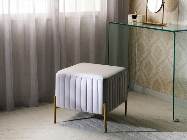 Taburetka sivá zamatové čalúnenie zlaté kovové nohy 47 x 47 cm štvorcová podnožka glamour obývacia izba