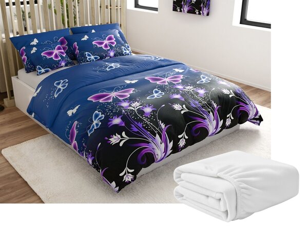 Sada mikroplyšových obliečok VIOLET BUTTERFLY tmavomodré + plachta mikroplyš SOFT 180x200 cm biela, dvojlôžko