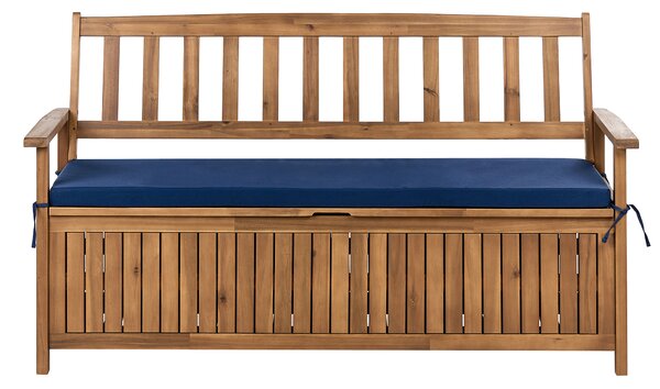Záhradná lavička s úložným priestorom svetlé akáciové drevo 160 cm 3-miestna modrý podsedák rustikálny štýl exteriér