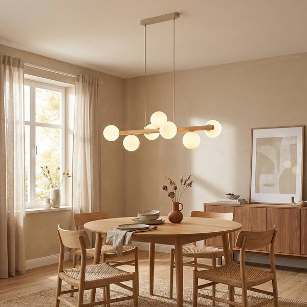 TK Lighting Závesné svietidlo Estera, opálové sklo, drevo, sedem svetiel, Svetlé drevo, Obývacia izba / jedáleň, Sklo, Závesné svietidlo