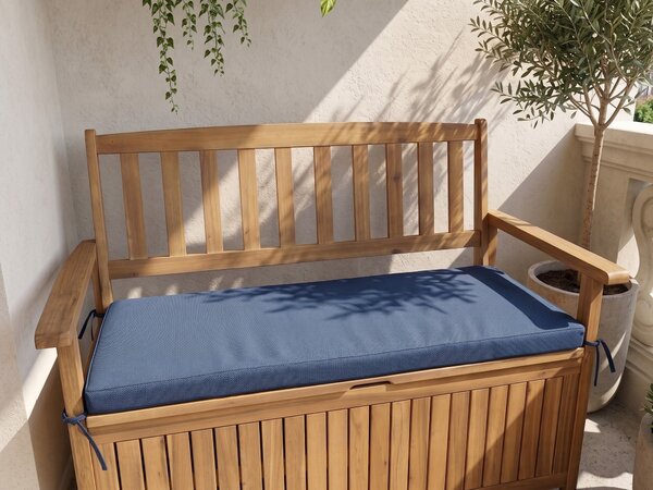 Záhradná lavička s úložným priestorom svetlé akáciové drevo 120 cm 2-miestna modrý podsedák rustikálny štýl exteriér