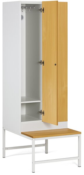 Šatníková skrinka S1 s lavičkou, 2 oddiely, 1875 x 600 x 500/800 mm, cylindrický zámok, laminované dvere, orech